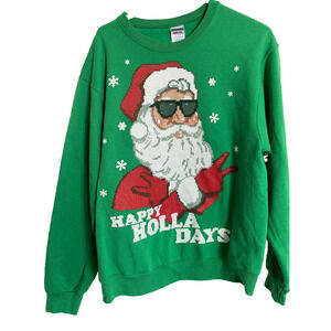 Jerzees Sweatshirt Mens Size Medium Green Santa Happy Holla Days Christmas